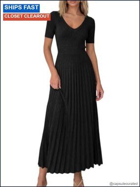 Women's Summer Midi Pleated Sweater Dress V-Neck Short Sleeve